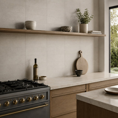 Polar Beige Base 10 x 30cm rectified porcelain wall tiles in a warm beige stone-effect finish, creating a natural, textured look.