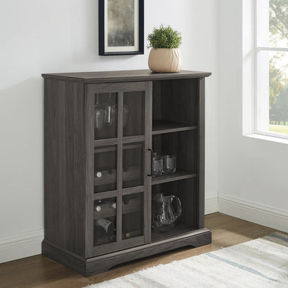 Sliding Glass Slate Grey Walnut Bar Cabinet - Wichita Home Outlet