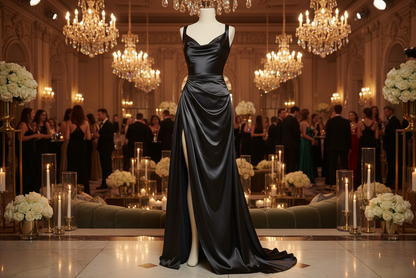Lovely evening dress in party room Background with Stretch Silk Charmouse - Jet Black