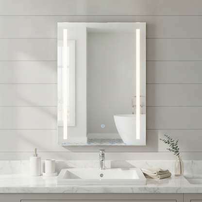 A rectangular wall-mounted bathroom mirror with integrated vertical LED light bars, shown above a white sink and marble countertop in a bright, modern bathroom.
